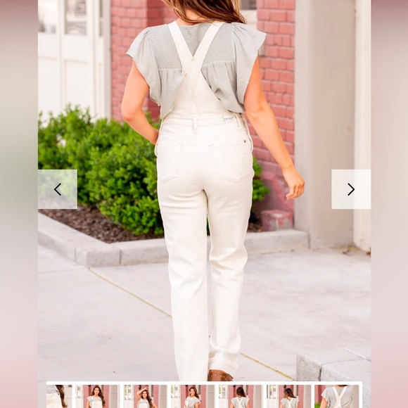 Judy Blue Overalls M Garment Dyed Straight Leg Ecru Off-White Stretch Denim Note - Picture 2 of 16